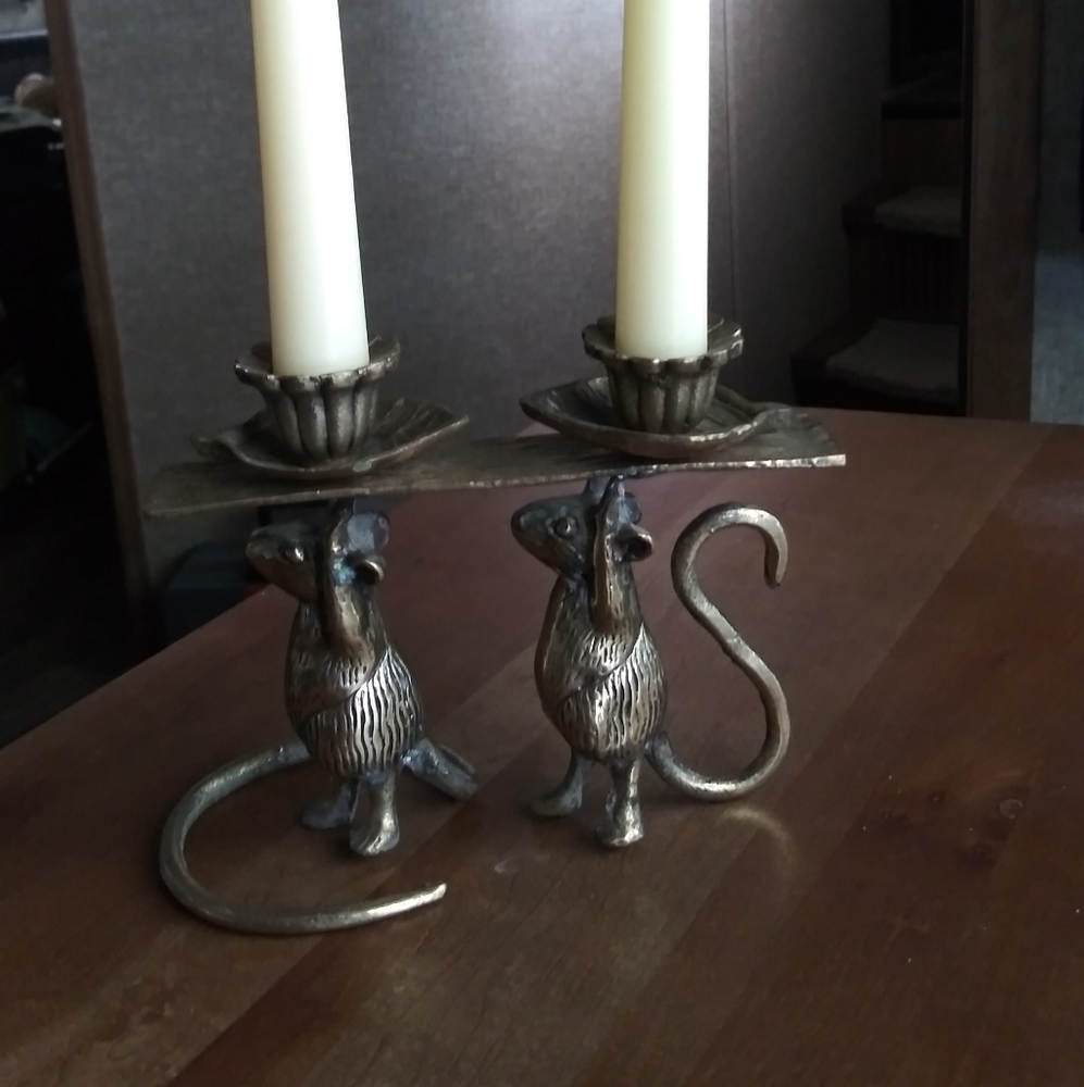 Vintage Whimsical Brass Mouse Flower Candle Holder